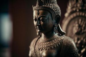 A thai buddha statue sits and meditating at buddhist temple. Ancient thailand buddha face. Background for vesak festival celebration. Vesak day concept. Vesak celebration day greetings by photo