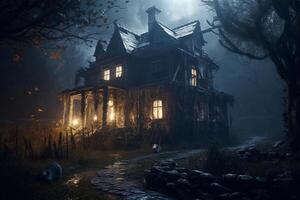 Haunted house on halloween celebration concept. Spooky house halloween background with deserted building and pumpkin. Scary house with creepy building at night by photo