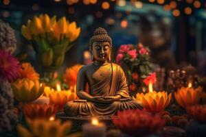 A buddha sits in a garden with a lotus and candles. Background for vesak festival celebration. Vesak day concept. Vesak celebration day greetings by photo