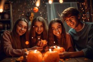 adolescentes amigos en disfraces celebrando y teniendo divertido a Víspera de Todos los Santos fiesta. joven personas a disfraces fiesta Víspera de Todos los Santos celebracion concepto por ai generado foto