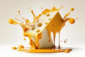 A delicious melting cheese splash in a realistic style. Hot cheese or cheddar splash. Tasty cheese liquid splash. Cheese sauce crown splash. For italian food, world cheese day, dessert by photo