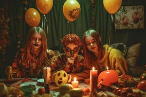 Teenagers friends in costumes celebrating and having fun at halloween party. Young people at costumes party halloween celebration concept by photo