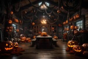 Haunted house on halloween celebration concept. Spooky house halloween background with deserted building and pumpkin. Scary house with creepy building at night by photo