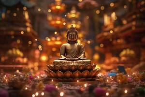 A buddha sits in a garden with a lotus and candles. Background for vesak festival celebration. Vesak day concept. Vesak celebration day greetings by photo