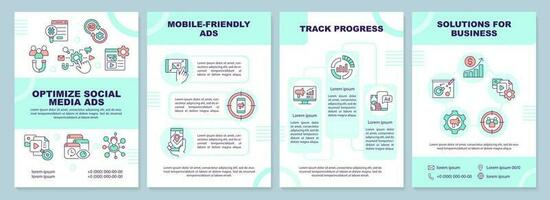 Optimize social media ads mint brochure template. SMM strategy. Leaflet design with linear icons. Editable 4 vector layouts for presentation, annual reports