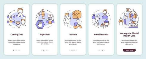 LGBTQI mental health risk factors onboarding mobile app screen. Walkthrough 5 steps editable graphic instructions with linear concepts. UI, UX, GUI template vector