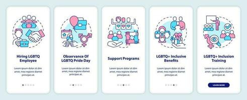 Creating LGBTQ inclusive workplace onboarding mobile app screen. Walkthrough 5 steps editable graphic instructions with linear concepts. UI, UX, GUI template vector