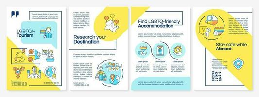 LGBTQI travel information blue and yellow brochure template. Safe trip. Leaflet design with linear icons. Editable 4 vector layouts for presentation, annual reports