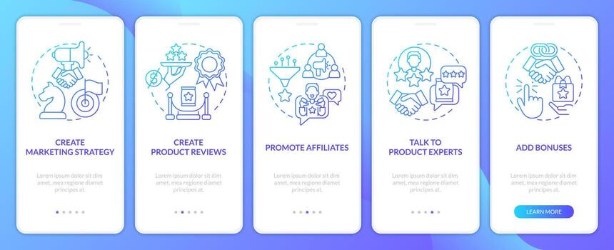 Begin affiliate program blue gradient onboarding mobile app screen. Business walkthrough 5 steps graphic instructions with linear concepts. UI, UX, GUI template vector