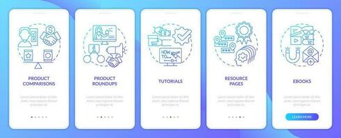 Content for affiliate website blue gradient onboarding mobile app screen. Walkthrough 5 steps graphic instructions with linear concepts. UI, UX, GUI template vector