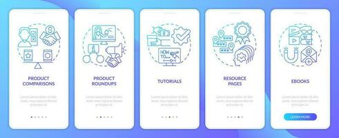 Content for affiliate website blue gradient onboarding mobile app screen. Walkthrough 5 steps graphic instructions with linear concepts. UI, UX, GUI template vector