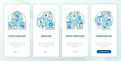 Types of social media ads blue onboarding mobile app screen. Promo walkthrough 4 steps editable graphic instructions with linear concepts. UI, UX, GUI template vector