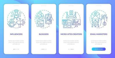 Affiliate marketers types blue gradient onboarding mobile app screen. Sales walkthrough 4 steps graphic instructions with linear concepts. UI, UX, GUI template vector