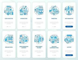 SMM benefits and tips blue onboarding mobile app screens set. Walkthrough 5 steps editable graphic instructions with linear concepts. UI, UX, GUI template vector