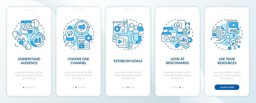Start social media advertising blue onboarding mobile app screen. Walkthrough 5 steps editable graphic instructions with linear concepts. UI, UX, GUI template vector