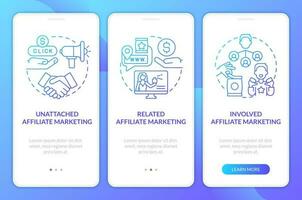 Affiliate marketing programs blue gradient onboarding mobile app screen. Walkthrough 3 steps graphic instructions with linear concepts. UI, UX, GUI template vector