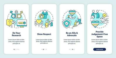 Supporting gender identity onboarding mobile app screen. Transgenders walkthrough 4 steps editable graphic instructions with linear concepts. UI, UX, GUI template vector