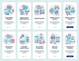 LGBTQI workplace and therapist onboarding mobile app screens set. Walkthrough 5 steps editable graphic instructions with linear concepts. UI, UX, GUI template vector