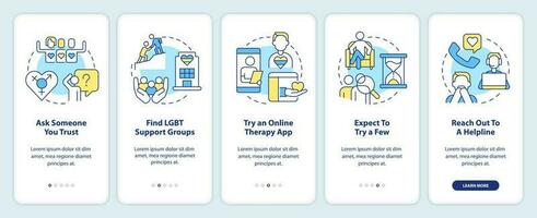 Finding LGBTQ friendly therapist onboarding mobile app screen. Walkthrough 5 steps editable graphic instructions with linear concepts. UI, UX, GUI template vector