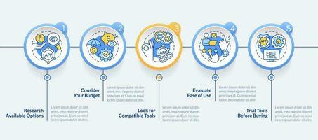 Consideration business tools tips circle infographic template. Data visualization with 5 steps. Editable timeline info chart. Workflow layout with line icons vector