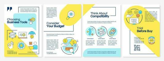 Selecting business tools tips blue and yellow brochure template. Leaflet design with linear icons. Editable 4 vector layouts for presentation, annual reports