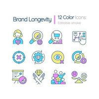 Brand longevity RGB color icons set. Products and service lifecycle improvement. Isolated vector illustrations. Simple filled line drawings collection. Editable stroke