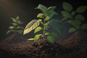 planta creciente en granja suelo o bosque con luz de sol a tiempo de día. joven planta es creciente. mundo tierra día. mundo ambiente día. tierra conservación, ecología o global calentamiento por ai generado foto