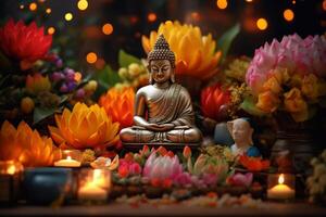 A buddha sits in a garden with a lotus and candles. Background for vesak festival celebration. Vesak day concept. Vesak celebration day greetings by photo