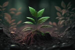 planta creciente en granja suelo o bosque con luz de sol a tiempo de día. joven planta es creciente. mundo tierra día. mundo ambiente día. tierra conservación, ecología o global calentamiento por ai generado foto