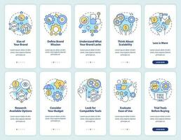 Choosing business tools tips onboarding mobile app screen set. Walkthrough 5 steps editable graphic instructions with linear concepts. UI, UX, GUI template vector