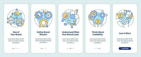 Choosing business tools factors onboarding mobile app screen. Brand walkthrough 5 steps editable graphic instructions with linear concepts. UI, UX, GUI template vector