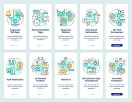 Trends in web technology onboarding mobile app screen set. Walkthrough 5 steps editable graphic instructions with linear concepts. UI, UX, GUI template vector