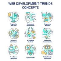 Web development trends concept icons set. Website future. Digital technology tendency idea thin line color illustrations. Isolated symbols. Editable stroke vector