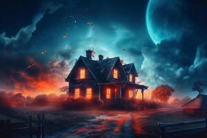 Haunted house on halloween celebration concept. Spooky house halloween background with deserted building and pumpkin. Scary house with creepy building at night by photo