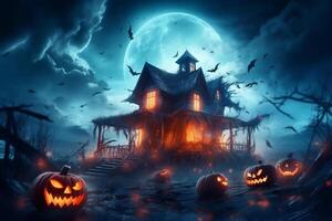 Haunted house on halloween celebration concept. Spooky house halloween background with deserted building and pumpkin. Scary house with creepy building at night by photo