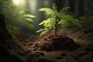 planta creciente en granja suelo o bosque con luz de sol a tiempo de día. joven planta es creciente. mundo tierra día. mundo ambiente día. tierra conservación, ecología o global calentamiento por ai generado foto