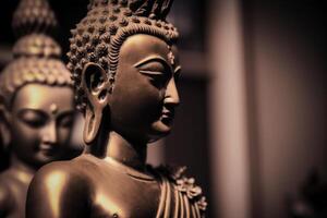 A thai buddha statue sits and meditating at buddhist temple. Ancient thailand buddha face. Background for vesak festival celebration. Vesak day concept. Vesak celebration day greetings by photo