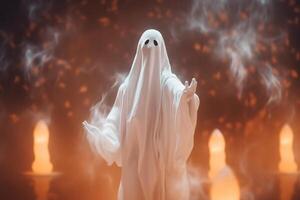 Human in spooky ghosts costume flying inside the old house or forest at night. Spooky halloween background with ghost. Ghost on halloween celebration concept by photo