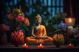 un Buda se sienta en un jardín con un loto y velas antecedentes para vesak festival celebracion. vesak día concepto. vesak celebracion día saludos por ai generado foto