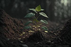 planta creciente en granja suelo o bosque con luz de sol a tiempo de día. joven planta es creciente. mundo tierra día. mundo ambiente día. tierra conservación, ecología o global calentamiento por ai generado foto