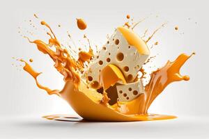 A delicious melting cheese splash in a realistic style. Hot cheese or cheddar splash. Tasty cheese liquid splash. Cheese sauce crown splash. For italian food, world cheese day, dessert by photo