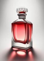 un alto clase botella de vaso perfume con ligero rojo líquido. aromático perfume botellas en blanco antecedentes. belleza producto, cosmético, perfume día, fragancia día o perfume lanzamiento evento por ai generado foto