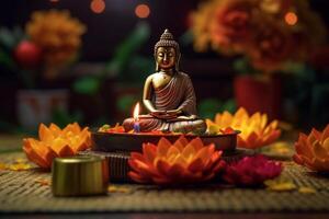 un Buda se sienta en un jardín con un loto y velas antecedentes para vesak festival celebracion. vesak día concepto. vesak celebracion día saludos por ai generado foto