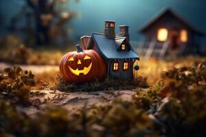 Scary pumpkin and house in night of full moon on halloween celebration concept. Spooky halloween background with pumpkin. Dirty house and pumpkin on halloween celebration concept by photo