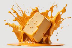 A delicious melting cheese splash in a realistic style. Hot cheese or cheddar splash. Tasty cheese liquid splash. Cheese sauce crown splash. For italian food, world cheese day, dessert by photo