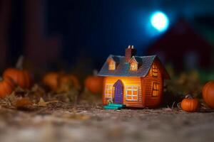 Scary pumpkin and house in night of full moon on halloween celebration concept. Spooky halloween background with pumpkin. Dirty house and pumpkin on halloween celebration concept by photo