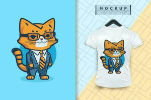 A cat wearing a uniform like an office worker and a businessman in flat cartoon character design vector