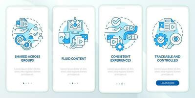 Content tips blue onboarding mobile app screen. Design creating walkthrough 4 steps editable graphic instructions with linear concepts. UI, UX, GUI template vector