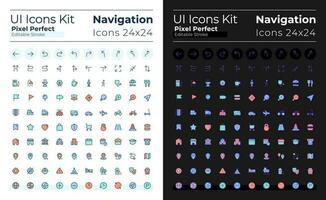 GPS and navigation pixel perfect RGB color ui icons set for dark, light mode. Location. GUI, UX design for mobile app. Vector isolated pictograms. Editable stroke