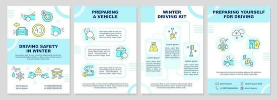 Wintertime driving safety rules brochure template. Leaflet design with linear icons. Editable 4 vector layouts for presentation, annual reports